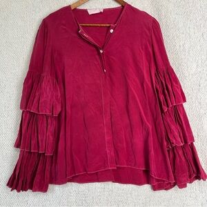 CO Collection Silk Pink Poets Blouse Tiered Ruffle Sleeves Flowy Swing Shirt M